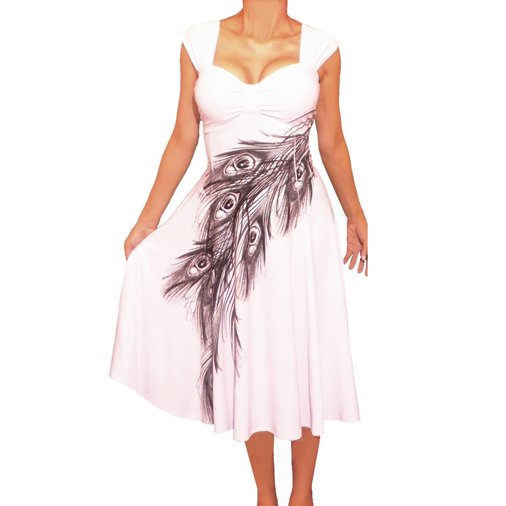 Funfash Plus Size Empire Waist White Peacock Dress